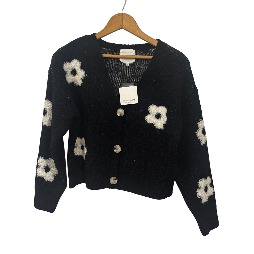 No Comment Girls Black Floral Knit Cardigan Sweater Size L 14 V-Neck Button Up
